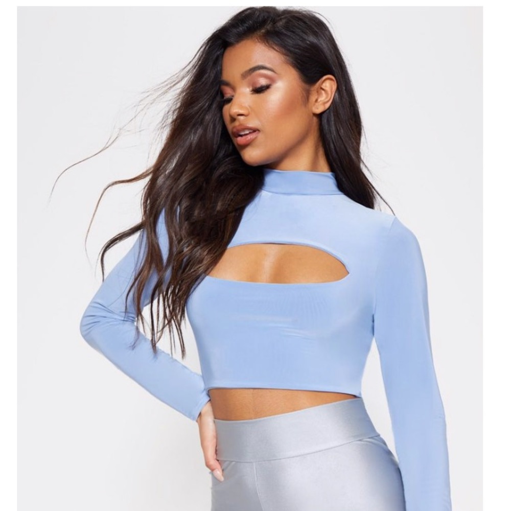 NWT Baby Blue High Neck Cut Out Crop Top